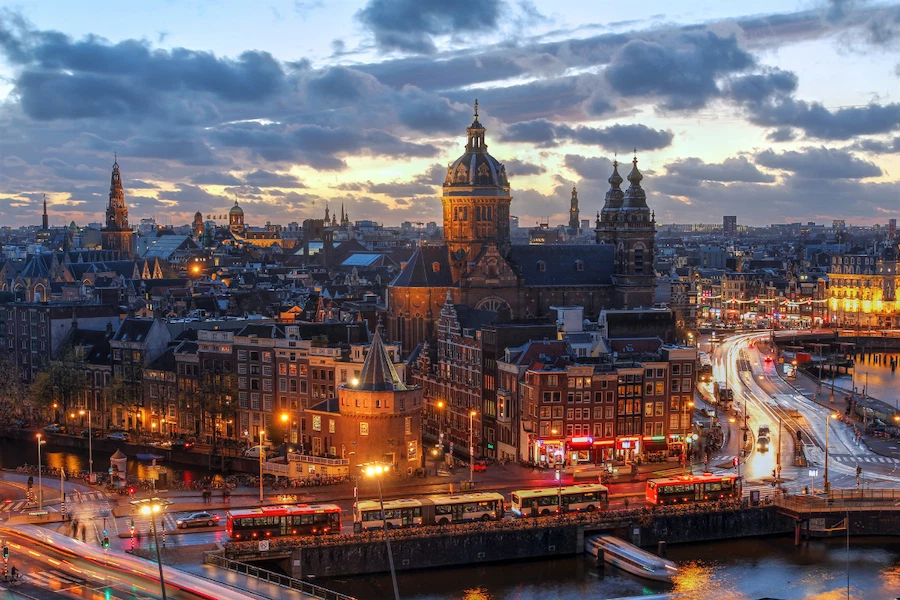 Amsterdam city centre at dusk